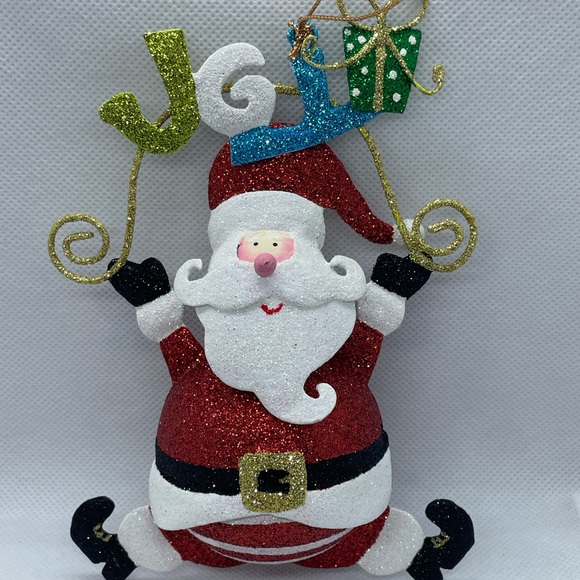 Pier 1 Santa Claus Joy Sign Glitter Hanging Christmas Tree Ornament Rare HTF 6” - Picture 2 of 4